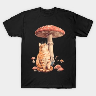 Cat Mushroom Encounters Pawprints in Fungi T-Shirt